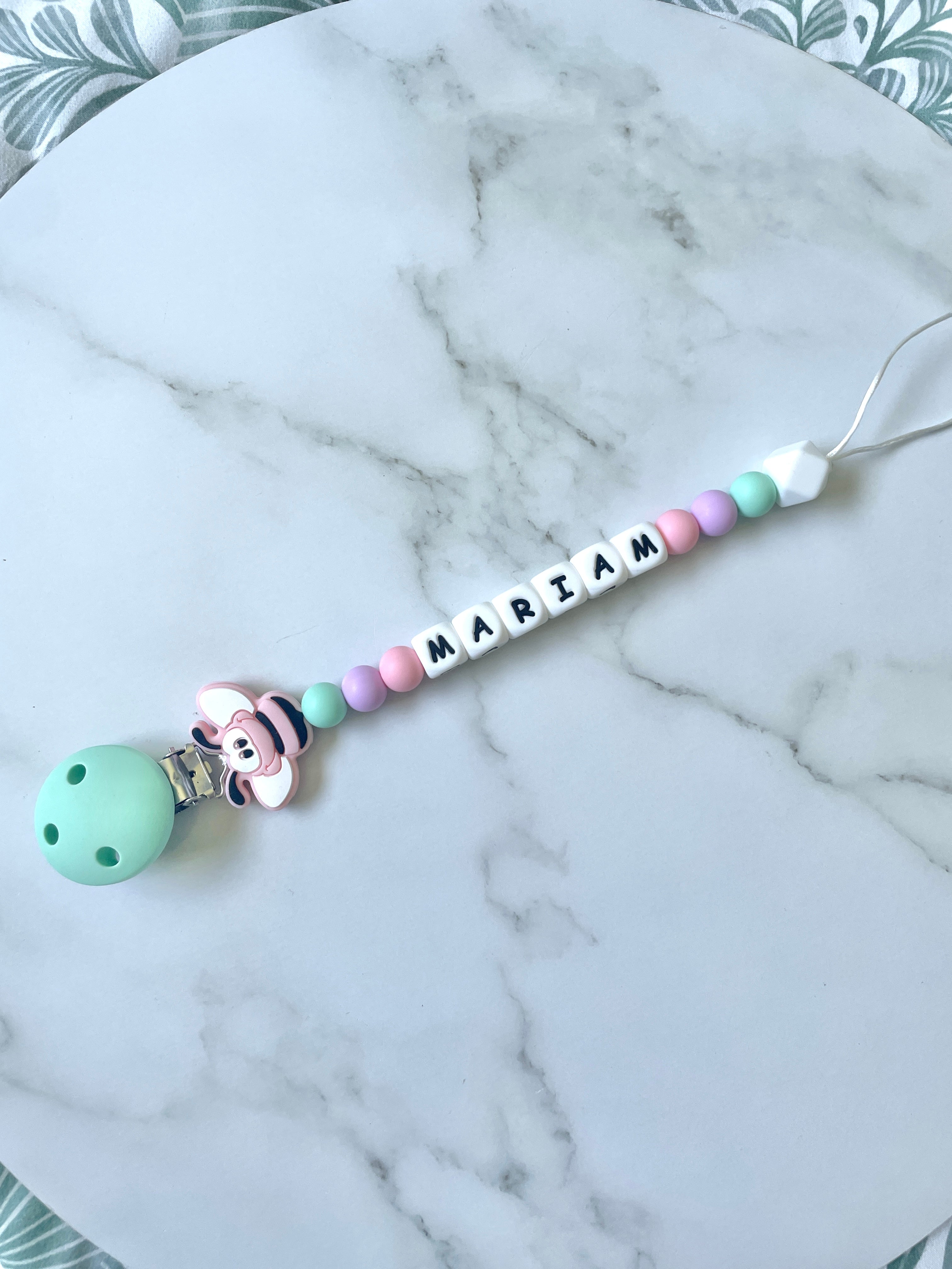 Personalised dummy chain, dummy clip, dummy holder, pink bee, Mariam design.