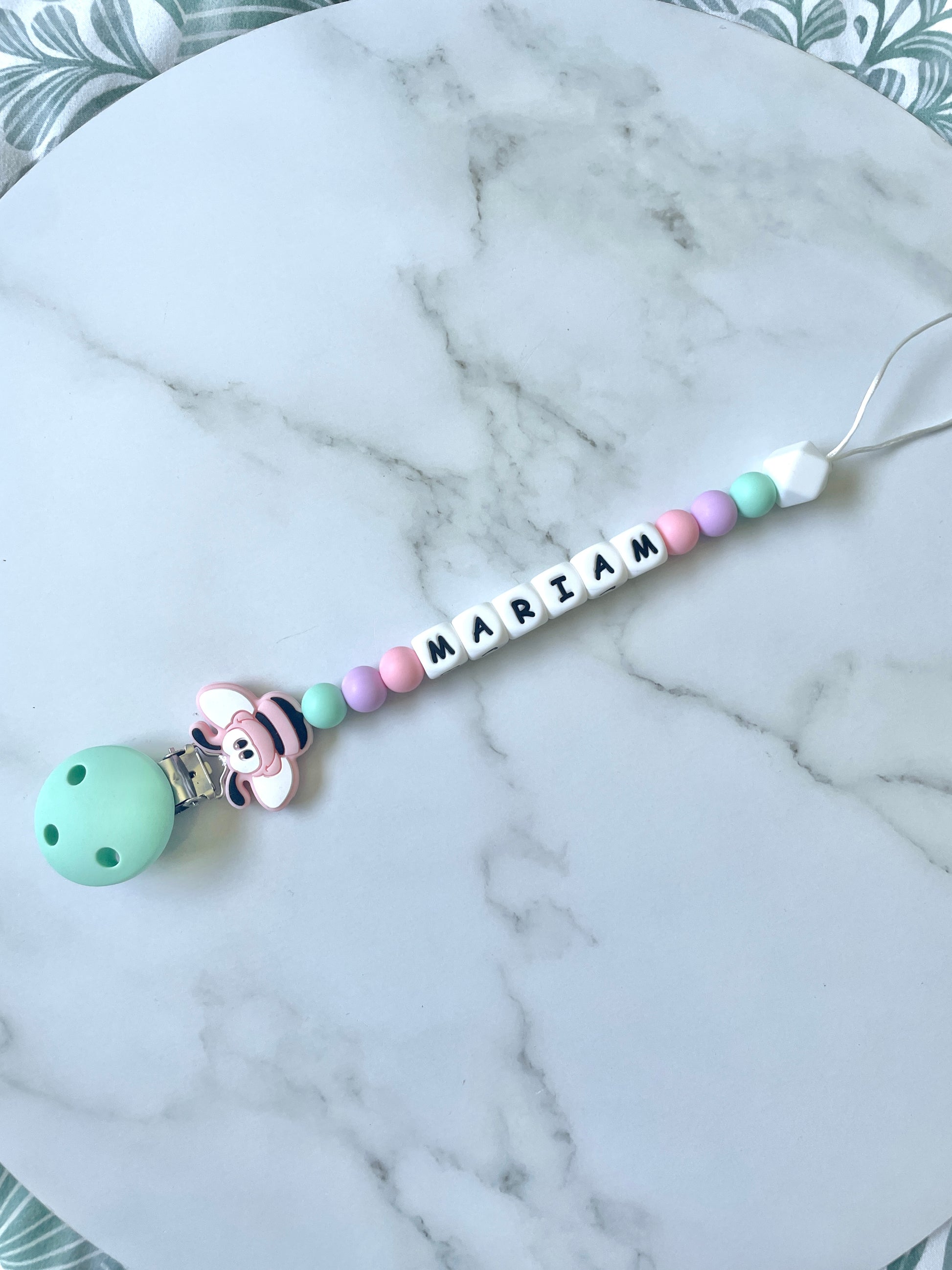 Personalised dummy chain, dummy clip, dummy holder, pink bee, Mariam design.