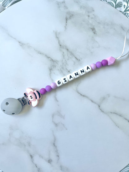 Personalised dummy chain, dummy clip, dummy holder, pink bee, Gianna design.