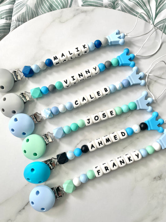 Personalised dummy chain, dummy clip, dummy holder, blue crown.