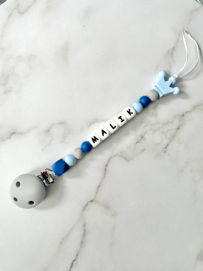 Personalised dummy chain, dummy clip, dummy holder, blue crown, Malik design.