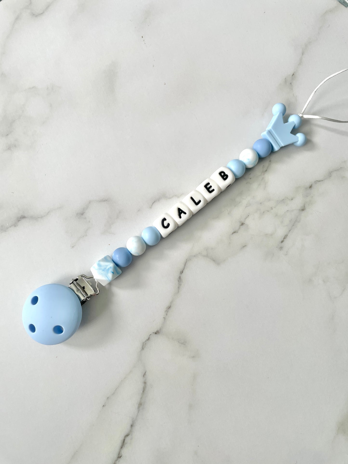 Personalised dummy chain, dummy clip, dummy holder, blue crown, Caleb design.