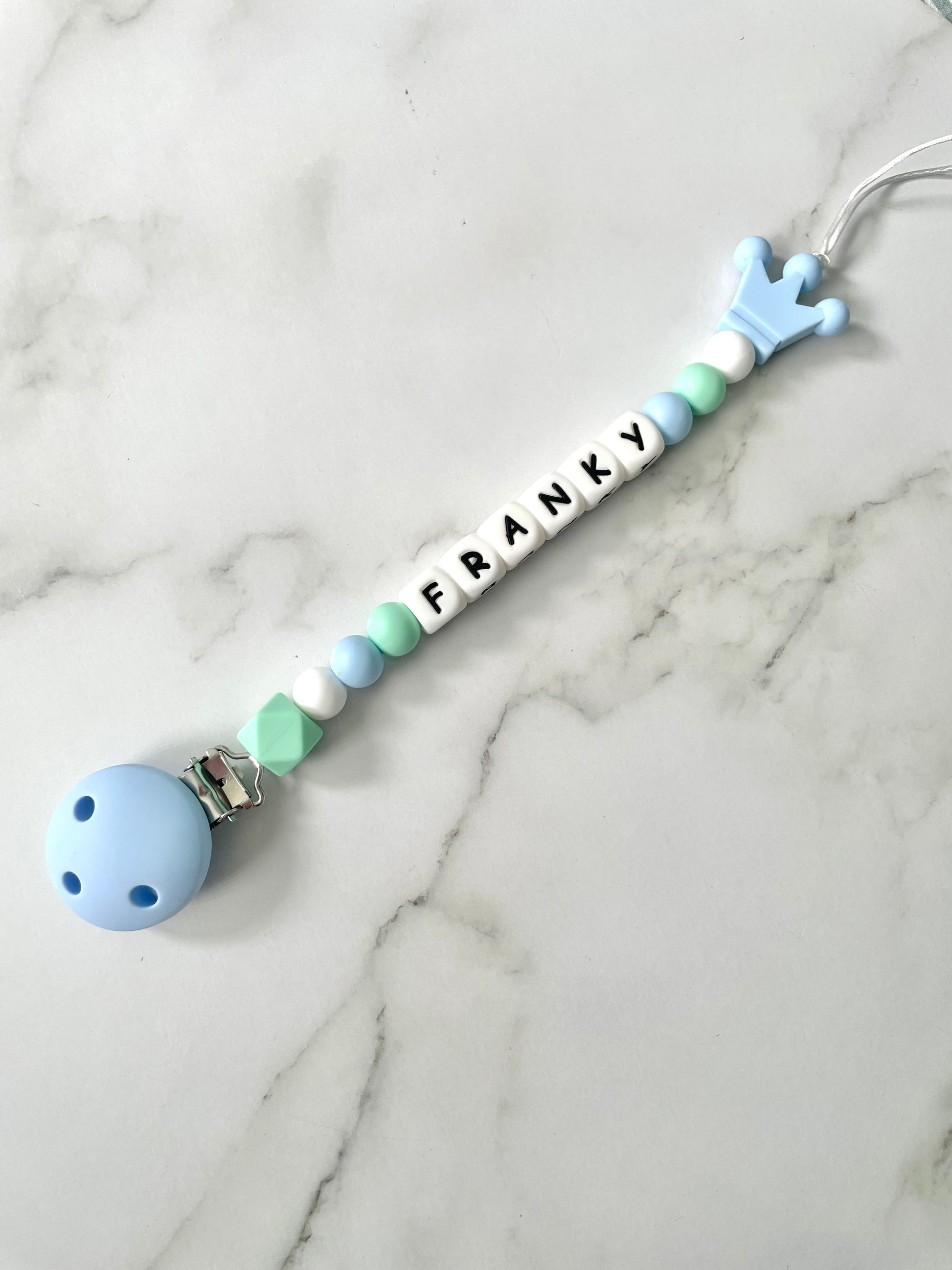 Personalised dummy chain, dummy clip, dummy holder, blue crown, Franky design.
