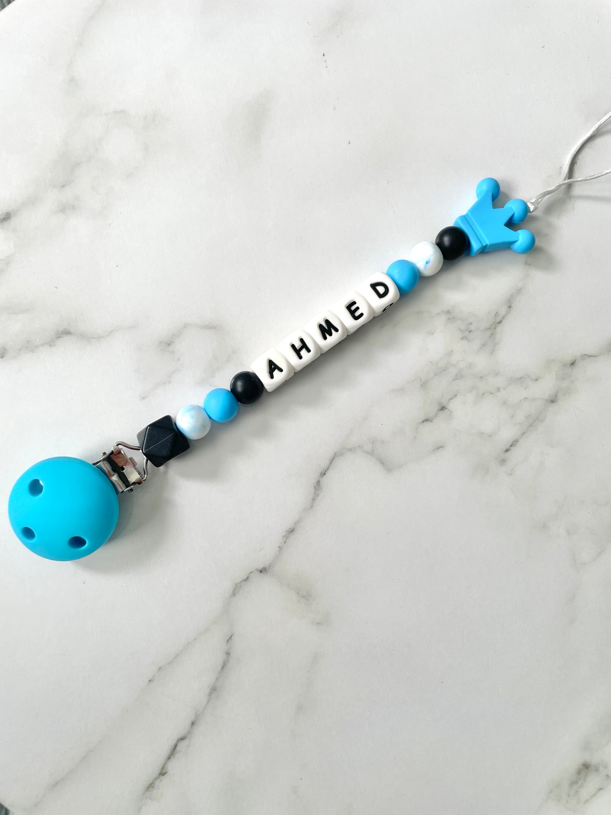 Personalised dummy chain, dummy clip, dummy holder, blue crown, Ahmed design.
