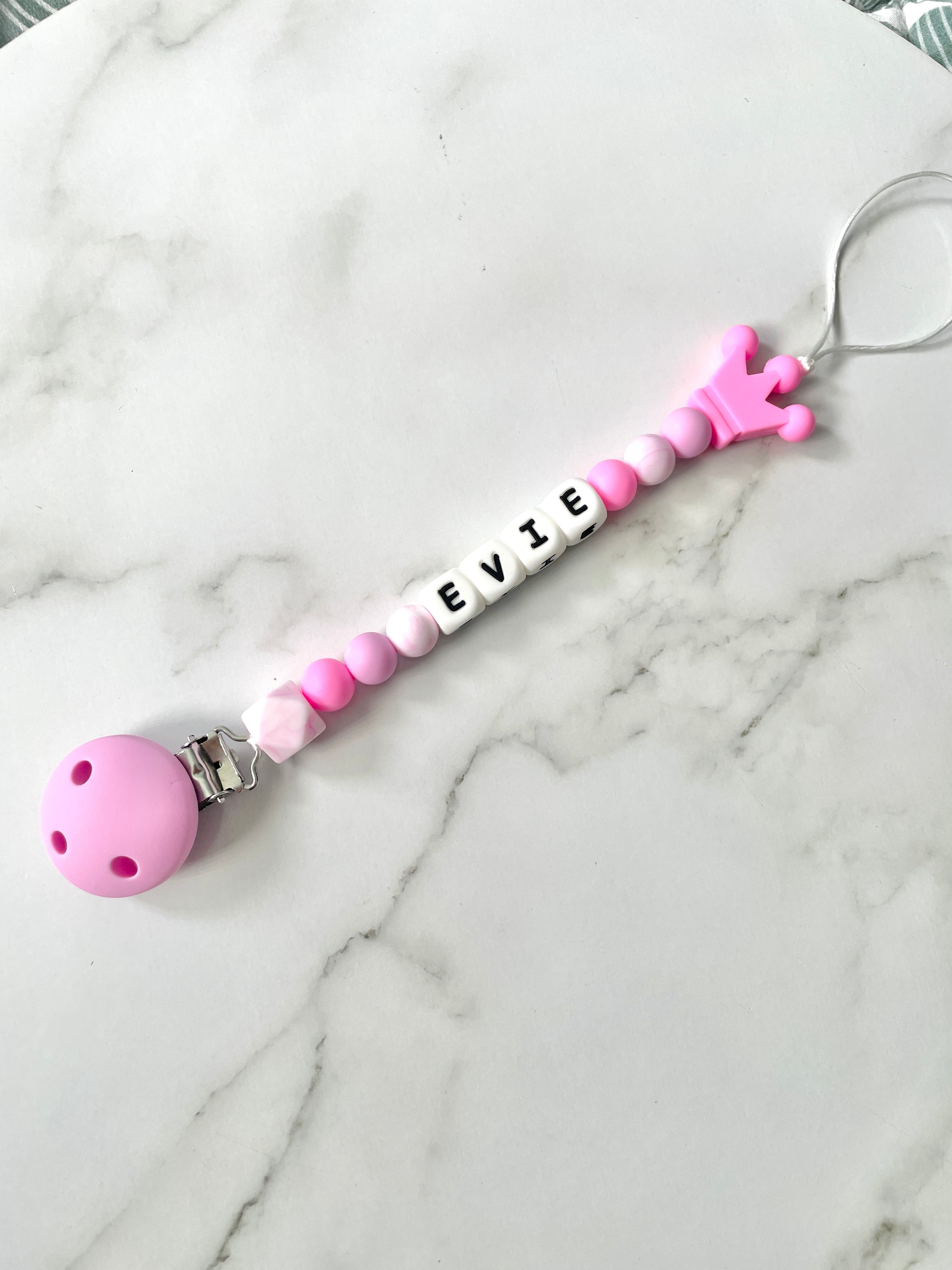 Personalised dummy chain, dummy clip, dummy holder, pink crown, Evie design.