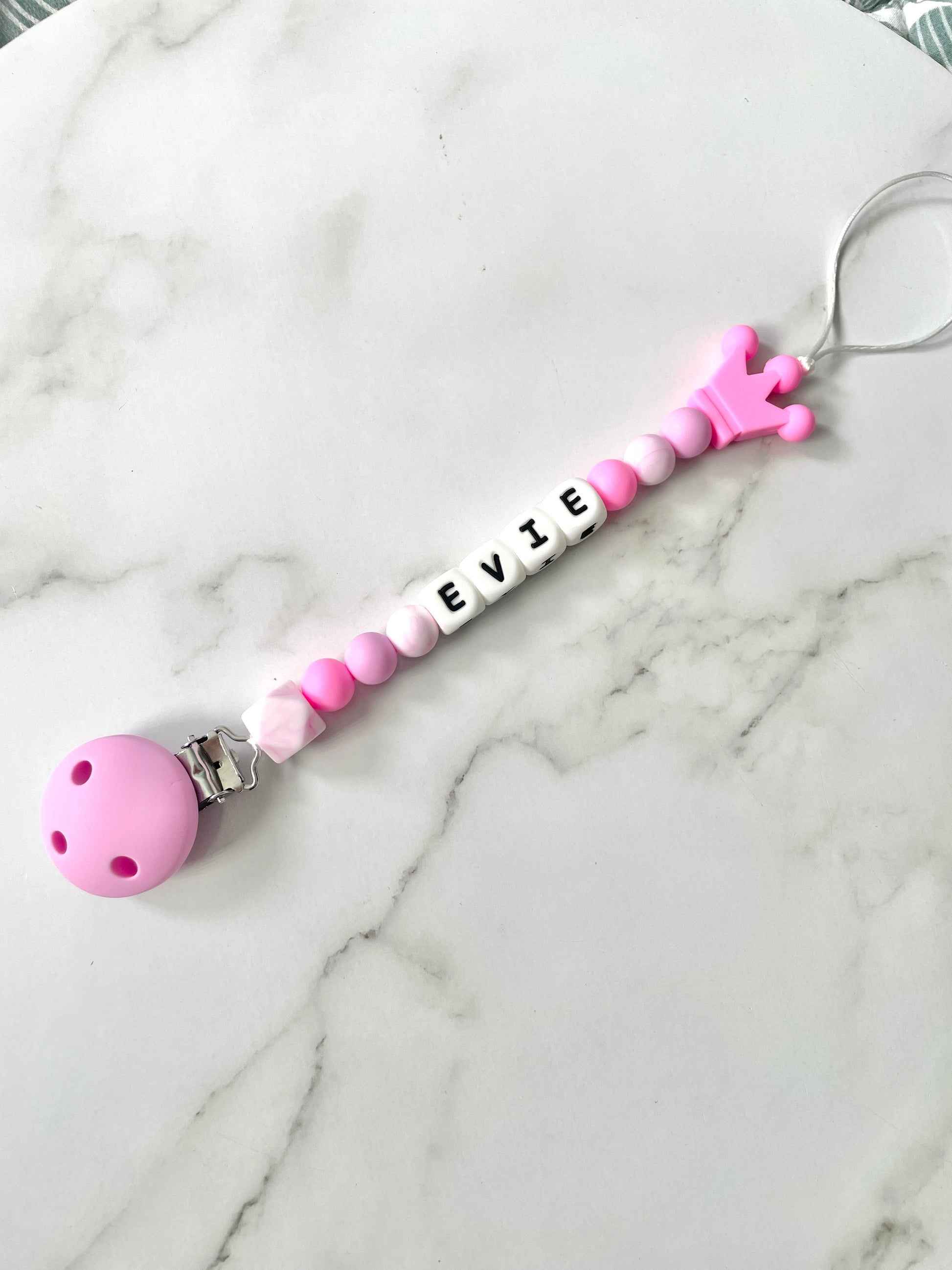 Personalised dummy chain, dummy clip, dummy holder, pink crown, Evie design.