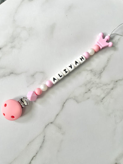 Personalised dummy chain, dummy clip, dummy holder, pink crown, Aliyah design.