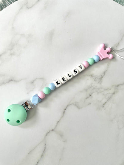 Personalised dummy chain, dummy clip, dummy holder, pink crown, Kelsy design.
