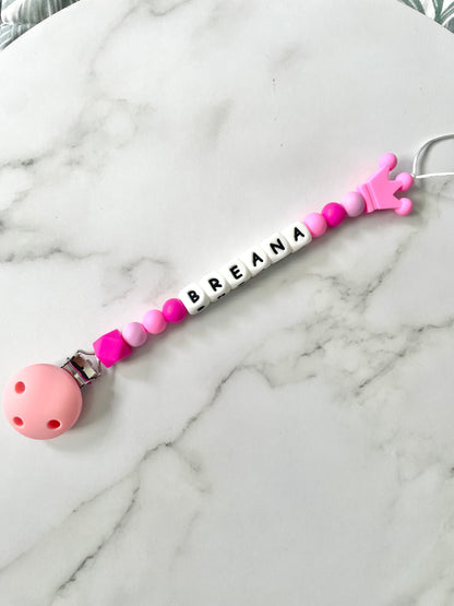 Personalised dummy chain, dummy clip, dummy holder, pink crown, Breana design.