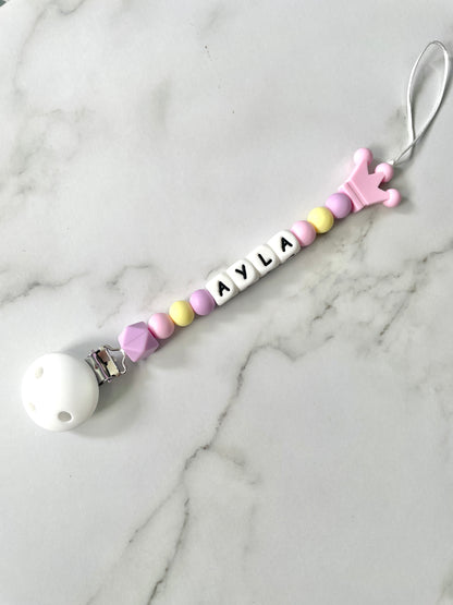 Personalised dummy chain, dummy clip, dummy holder, pink crown, Ayla design.