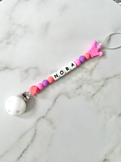 Personalised dummy chain, dummy clip, dummy holder, pink crown, Nora design.