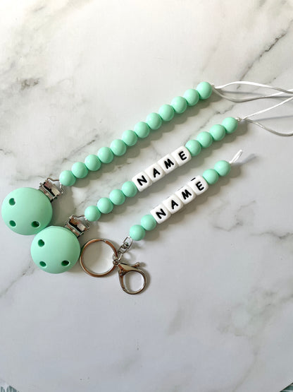 Personalised dummy Chain Dummy Clip Silicone bead keyring set - Mint Green.