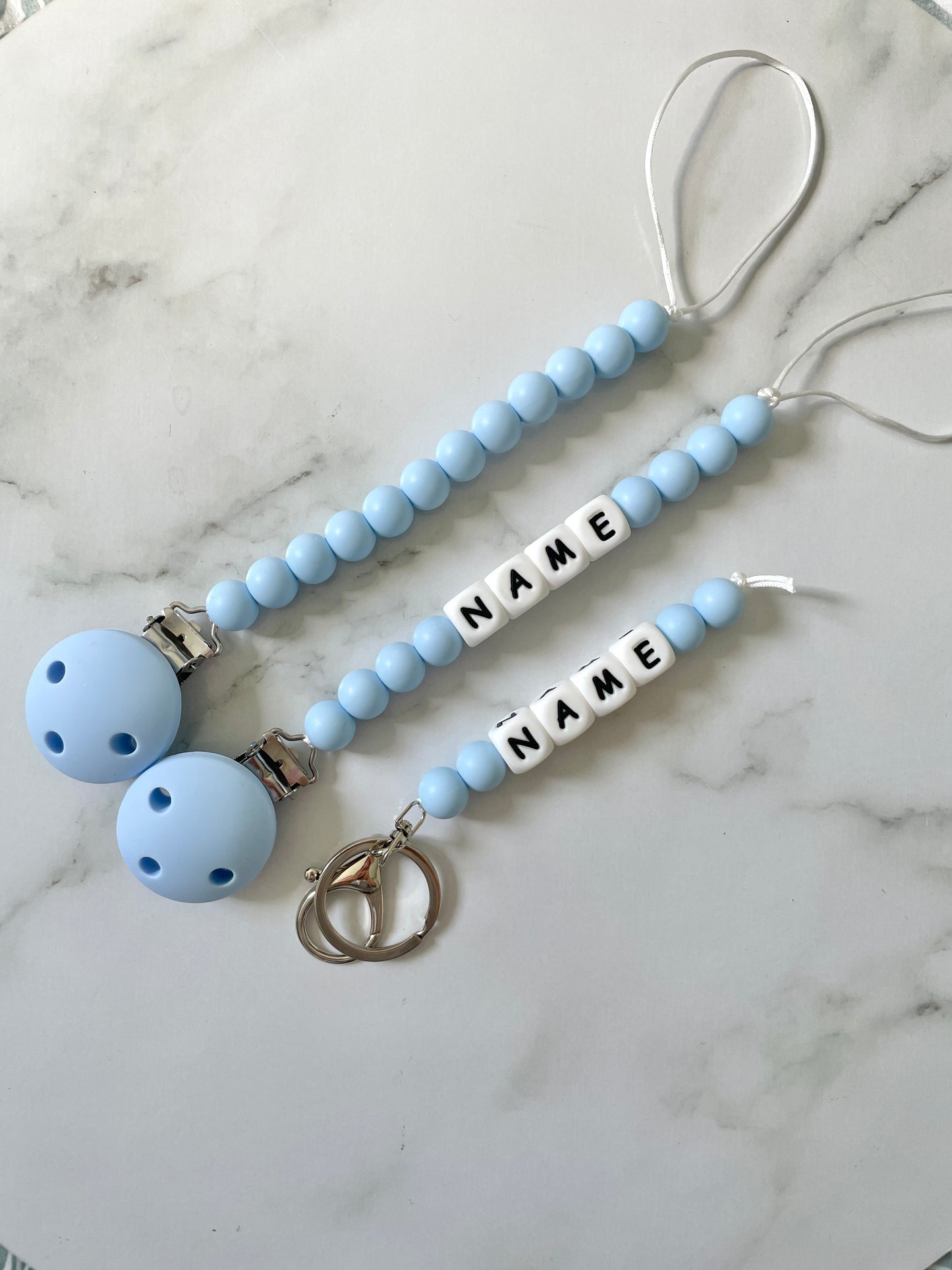 Personalised dummy Chain Dummy Clip Silicone bead keyring set - Baby Blue