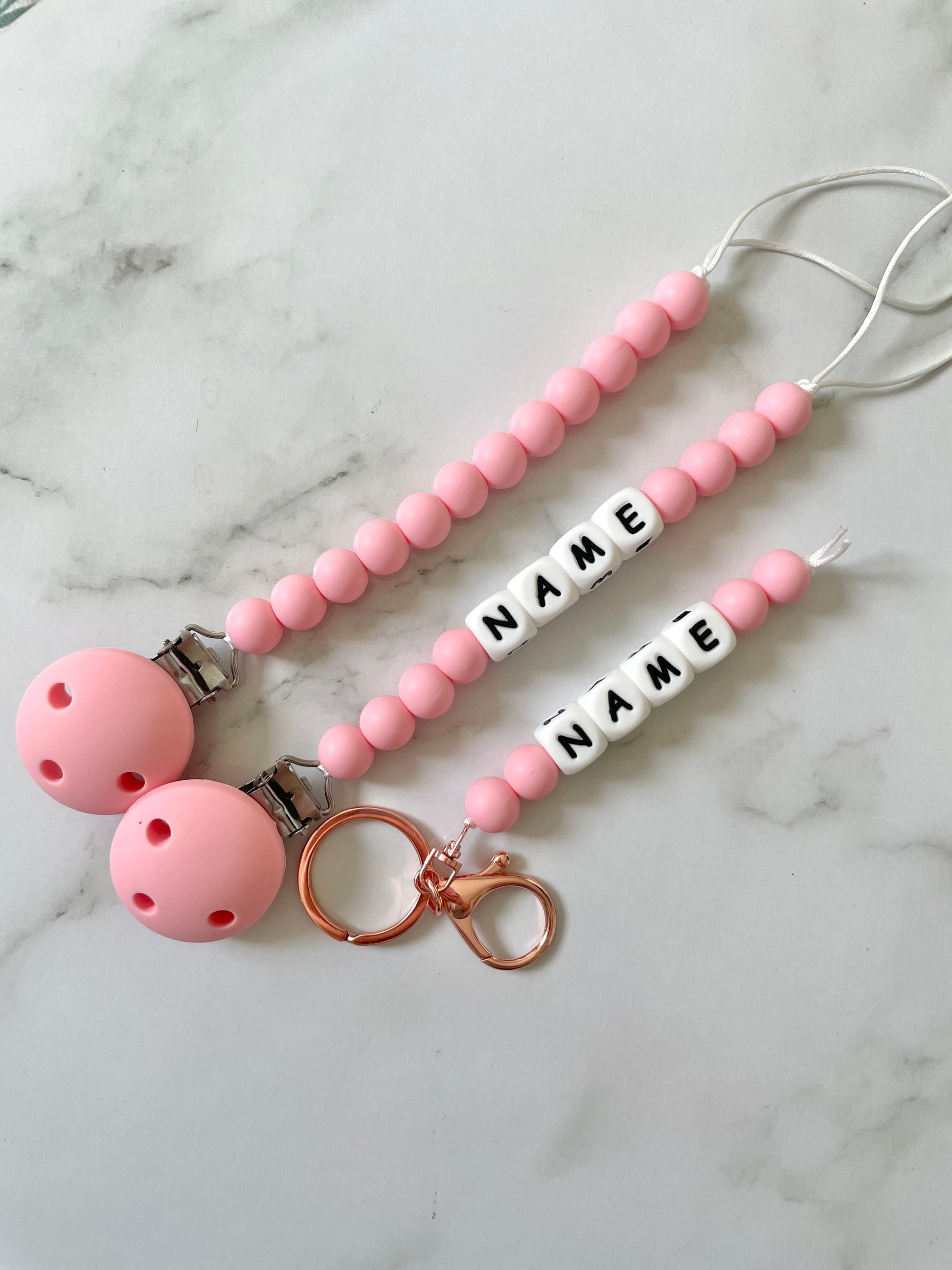 Personalised dummy Chain Dummy Clip Silicone bead keyring set - Candy Pink.