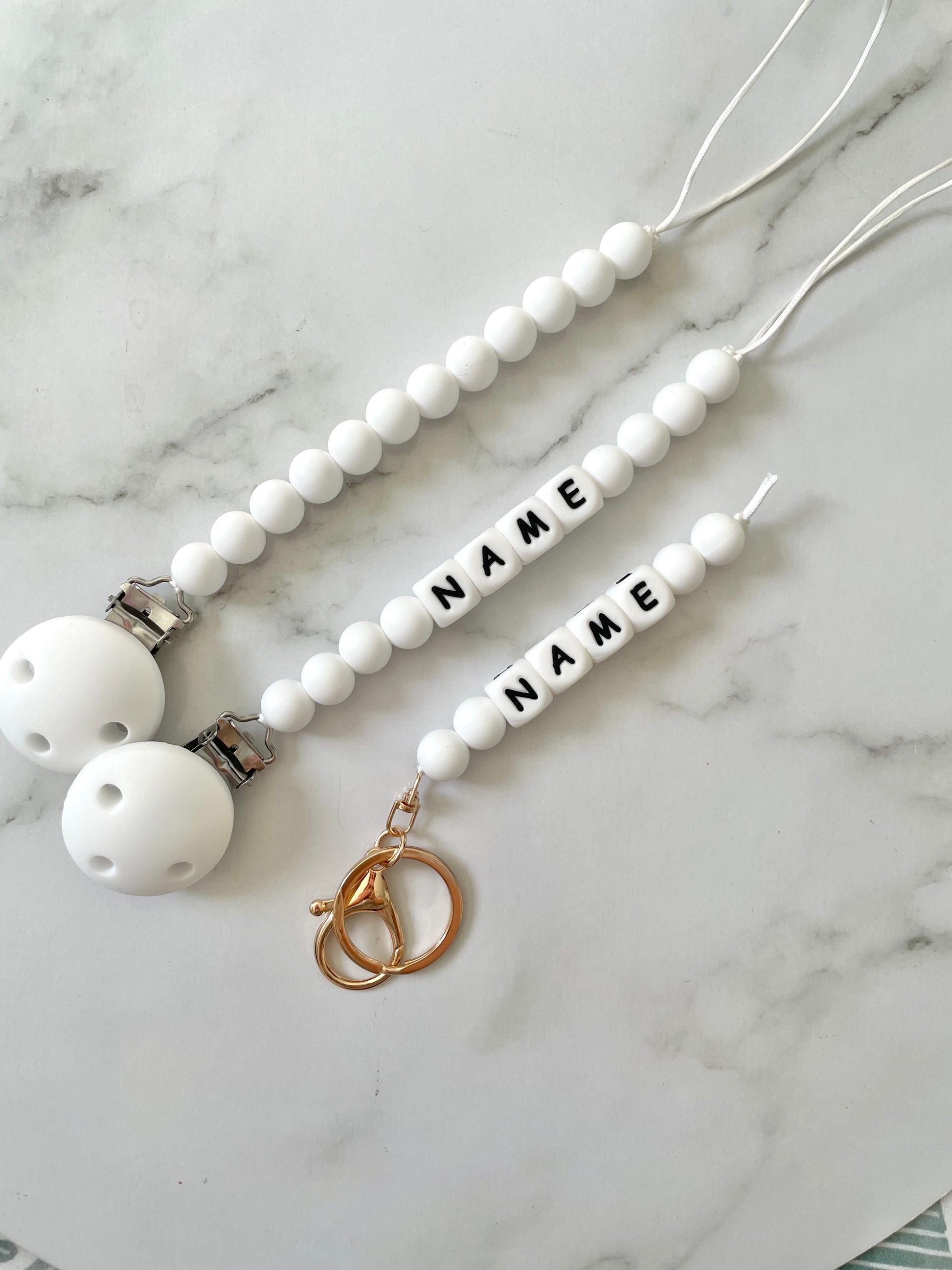 Personalised dummy Chain Dummy Clip Silicone bead keyring set - White.
