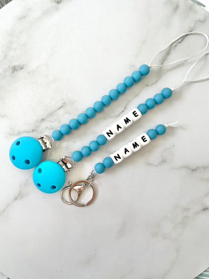 Personalised dummy Chain Dummy Clip Silicone bead keyring set - Dark Blue.