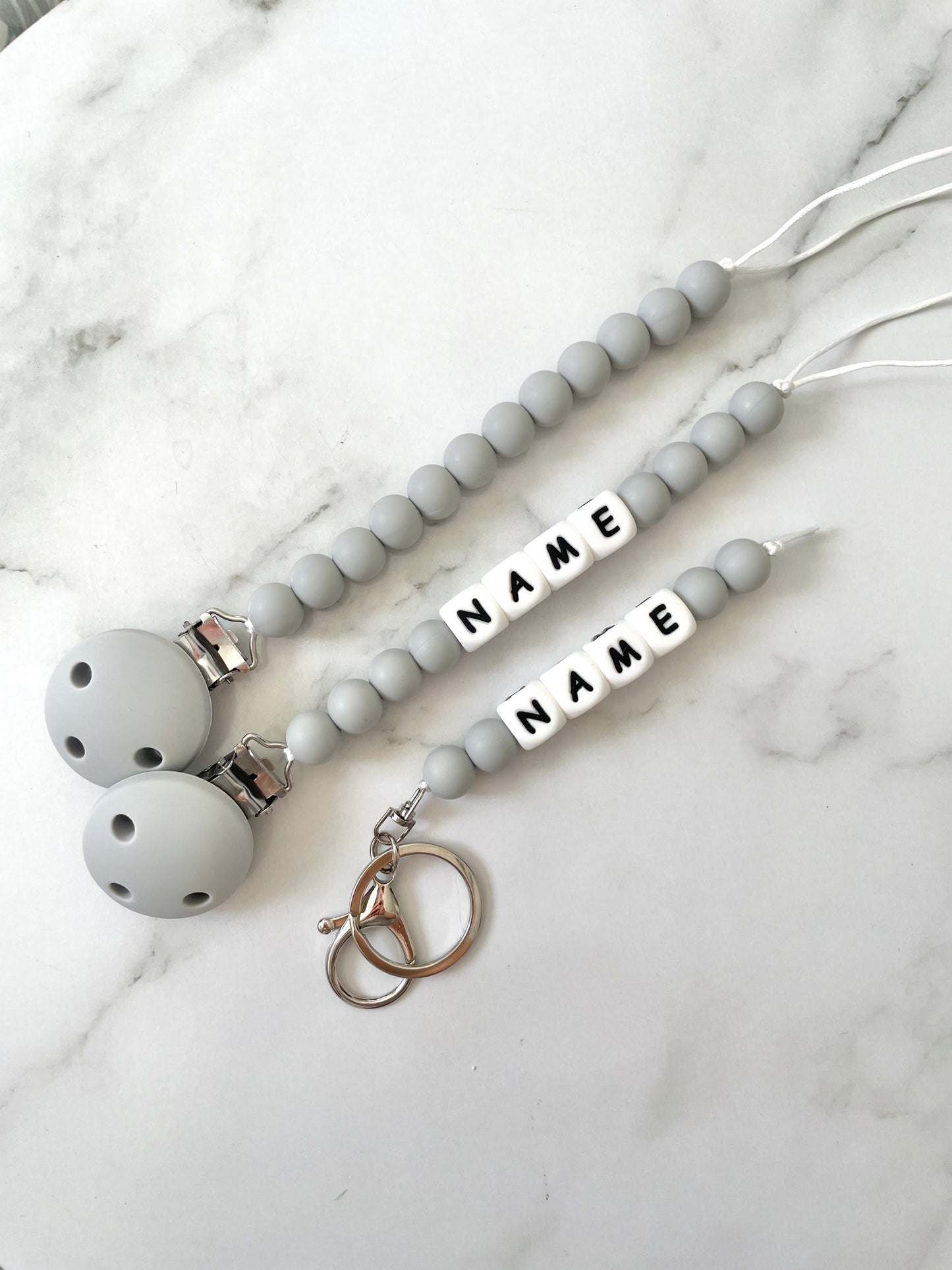 Personalised dummy Chain Dummy Clip Silicone bead keyring set - Grey.